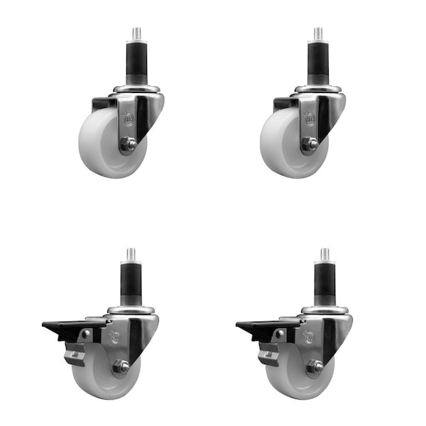 3'' Nylon Wheel Swivel 1-1/4'' Expanding Stem Caster Set 2 Brakes, 4PK